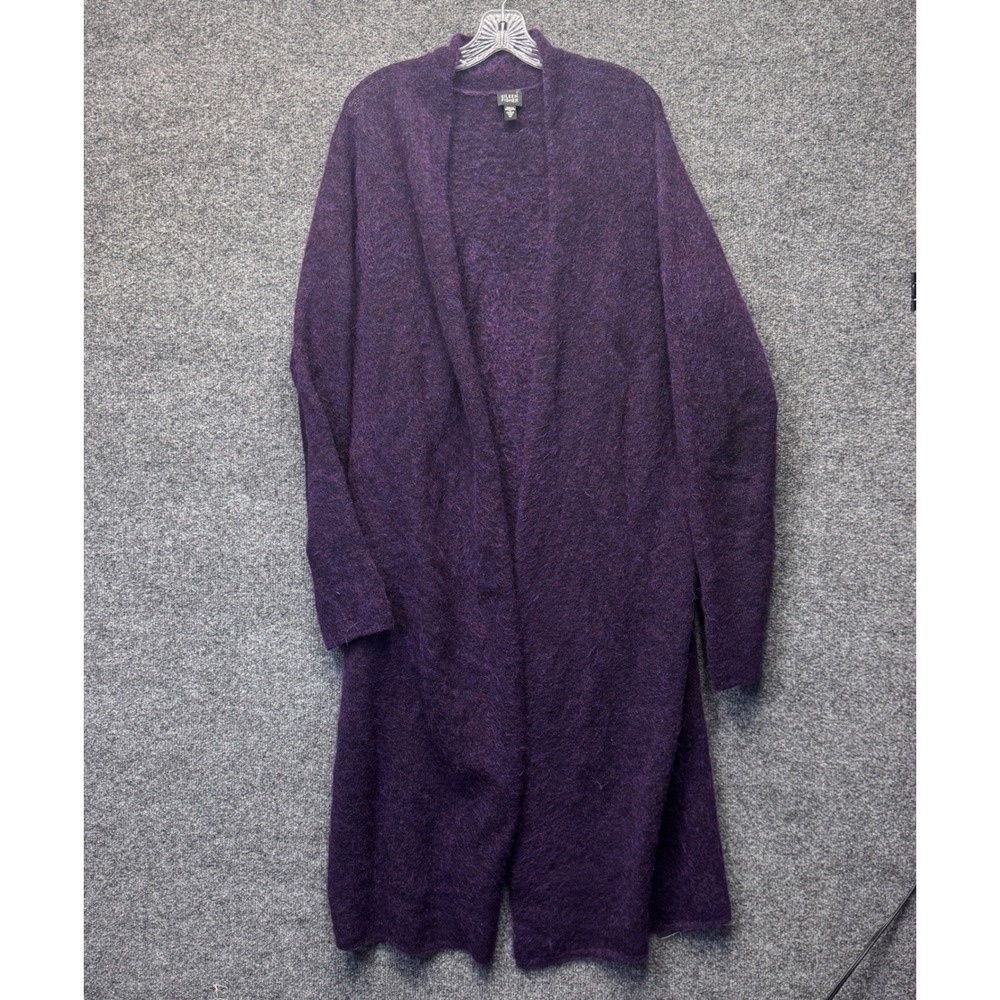 Eileen Fisher Mohair Wool Longline Cardigan Women M Purple Duster Italian Yarn